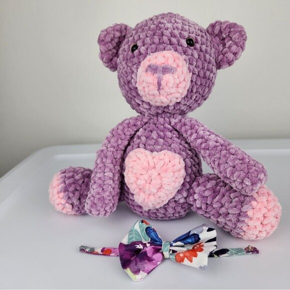 New Handmade Crochet Amigurumi Stuffed Toy Plush Teddy Bear With Bow - Picture 3 of 10